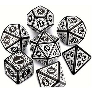 D&D Antique White Black 7 Dice Set Poly RPG  Dungeons Dragons AD&D